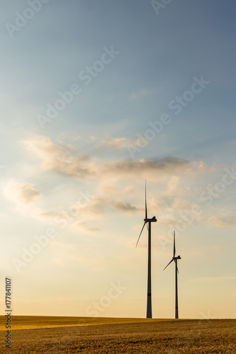 Wind turbines during sunset