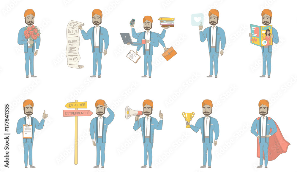 Indian businessman set. Businessman holding bouquet of flowers, document with business report, speaking into loudspeaker. Set of vector sketch cartoon illustrations isolated on white background.