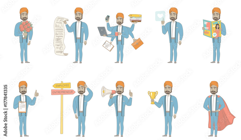 Indian businessman set. Businessman holding bouquet of flowers, document with business report, speaking into loudspeaker. Set of vector sketch cartoon illustrations isolated on white background. Indian businessman set. Businessman holding bouquet of flowers, document with business report, speaking into loudspeaker. Set of vector sketch cartoon illustrations isolated on white background.