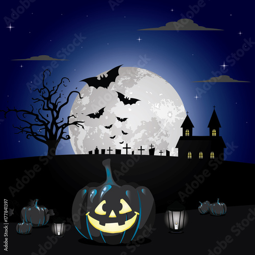 Halloween pumpkins under the moonlight vector illustration