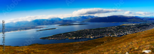 Micro toy panorama of Tromso city background