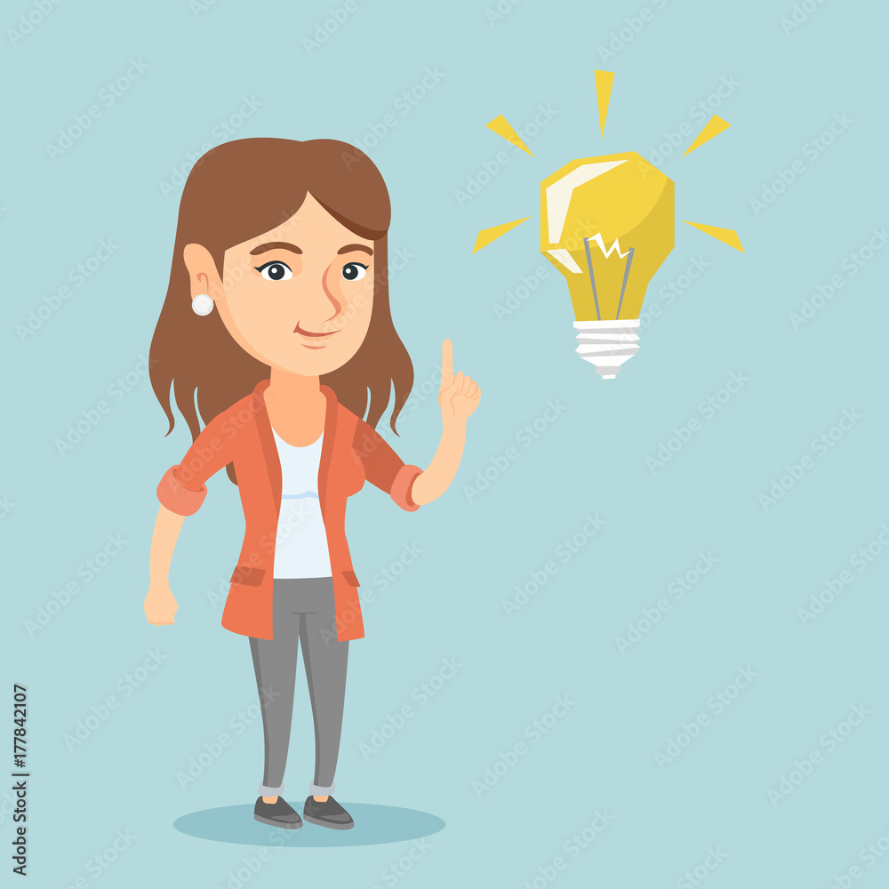 Happy caucasian student pointing finger up at the glowing idea lightbulb.  Young excited student with bright idea lightbulb. Student having a great  idea. Vector cartoon illustration. Square layout. Stock Vector | Adobe
