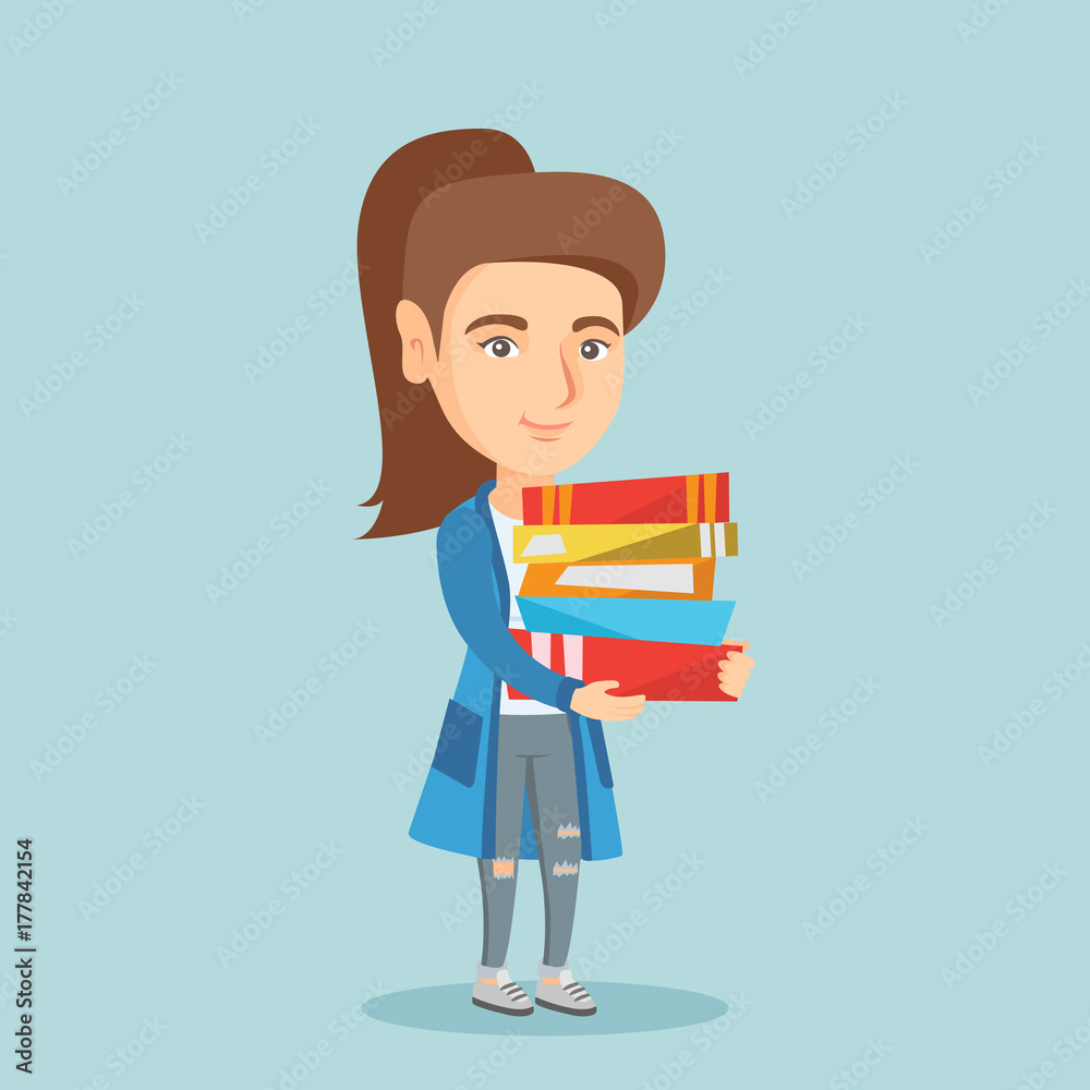 Young caucasian student holding a pile of educational books in hands. Student carrying a huge stack of books. Student preparing for the exam with books. Vector cartoon illustration. Square layout. Young caucasian student holding a pile of educational books in hands. Student carrying a huge stack of books. Student preparing for the exam with books. Vector cartoon illustration. Square layout.