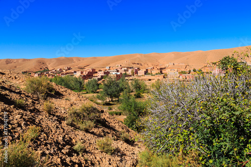 Landscape of a typical moroccan berber village with oasis in the valley