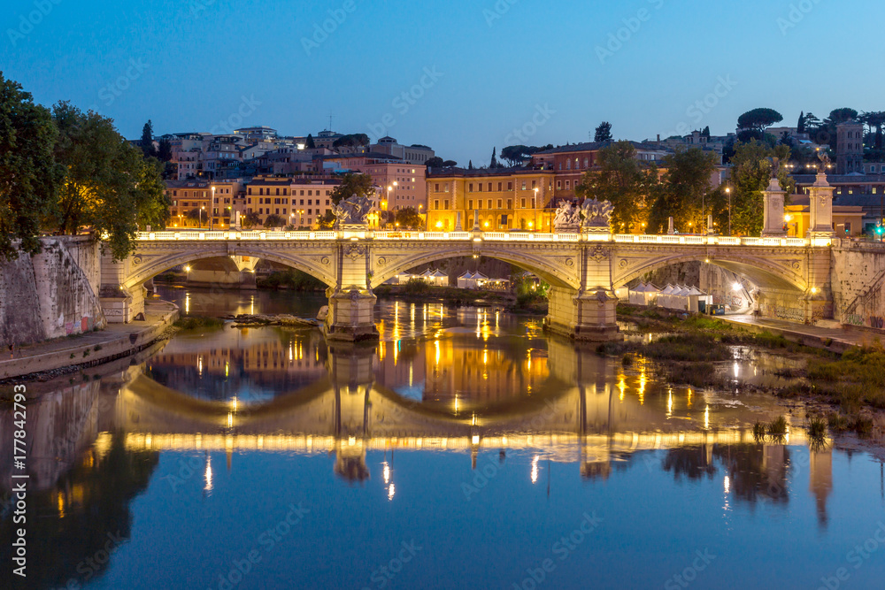 Amazing Sunset view of Tiber River in city of Rome, Italy
