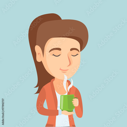 Pleased caucasian woman drinking hot flavored coffee. Young smiling woman holding a cup of coffee with steam. Woman enjoying coffee with closed eyes. Vector cartoon illustration. Square layout.