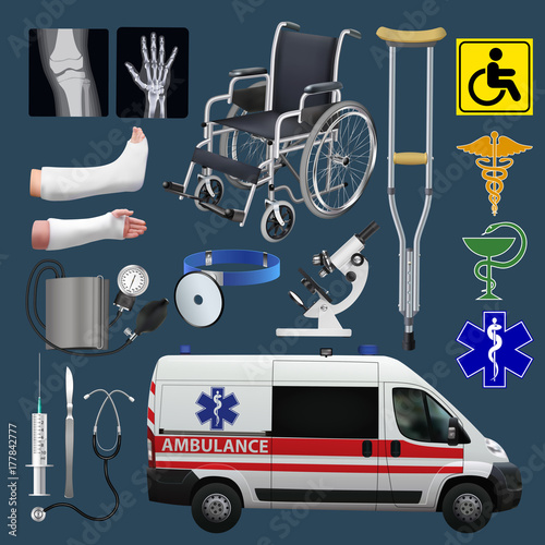 Medical set. Means of transportation, tools and devices. Health and medicine. Vector