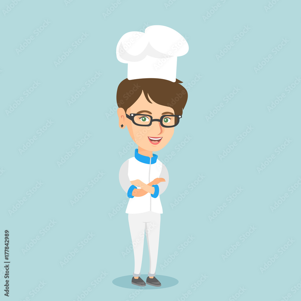 Cheerful caucasian chief cook in uniform and hat standing with arms crossed. Full length of young smiling female chief cook with folded arms. Vector cartoon illustration. Square layout. Cheerful caucasian chief cook in uniform and hat standing with arms crossed. Full length of young smiling female chief cook with folded arms. Vector cartoon illustration. Square layout.