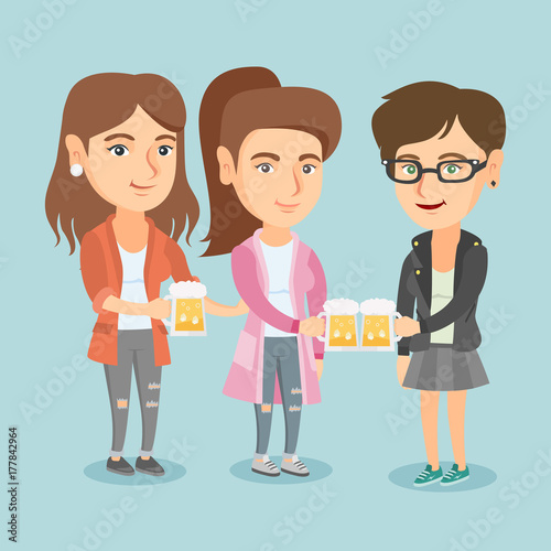 Three happy caucasian women toasting and clinking glasses of beer. Young cheerful women clanging glasses of beer. Group of female friends drinking beer. Vector cartoon illustration. Square layout.