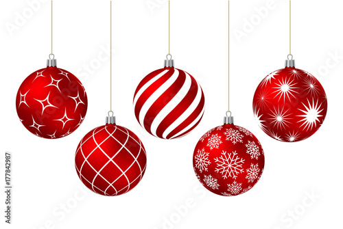 Red christmas balls with different patterns