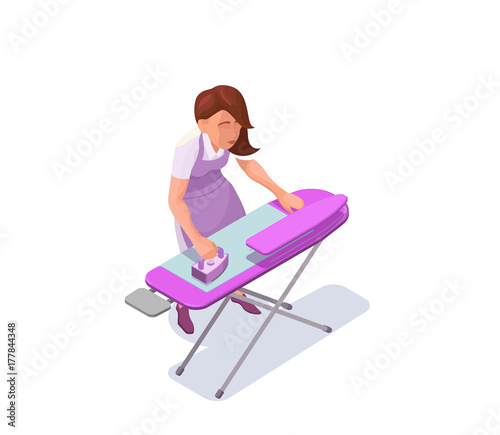 Ironing woman isometric 3d vector illustration with housewife or maid making clothes smooth with iron, washerwoman at dry cleaners