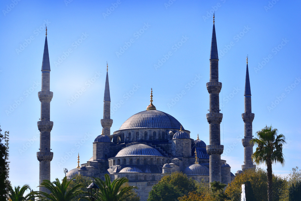 Blue Mosque in Turkey against the sun