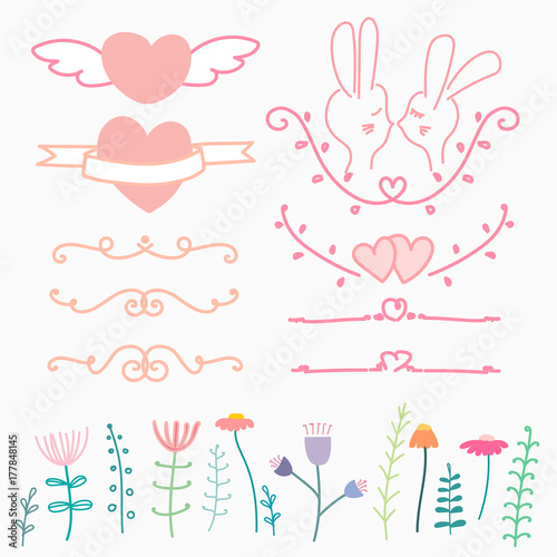 Collection Of Hand Drawn Lovely For Wedding. Doodle Vector Illustration Include Heart, Flower And Rabbit. 