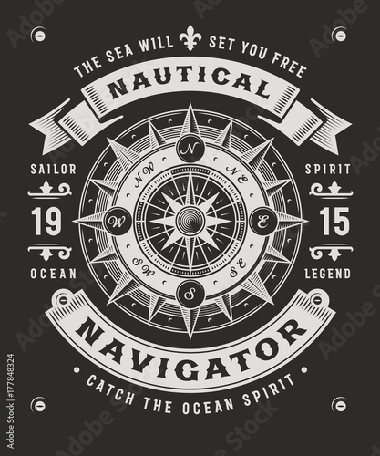 Vintage Nautical Navigator Typography On Black Background