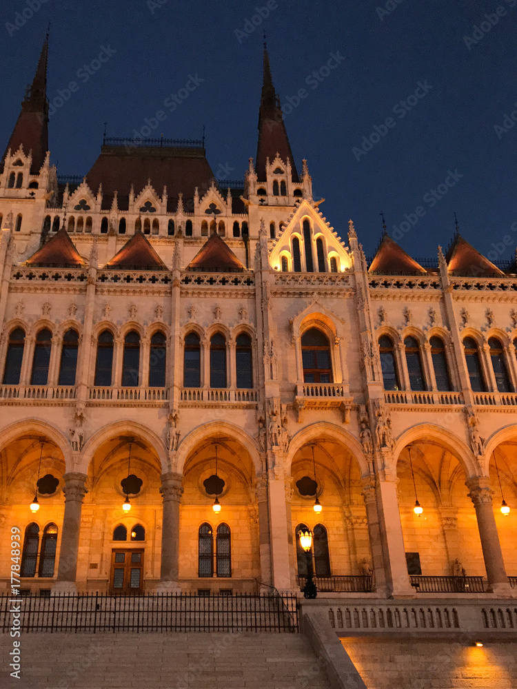 Exterior view of the Hungarian Parliament at night, Budapest