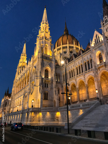 Exterior view of the Hungarian Parliament at night, Budapest