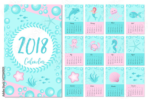 Calendar 2018 in marine style, sea life. Week starts from monday. Template for your design fairytale underwater world with marine animals and a mermaid. Vector illustration © Lucia Fox