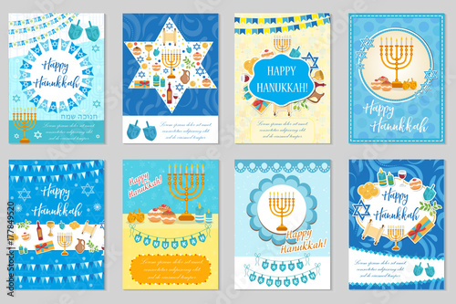 Happy Hanukkah set of greeting cards, flyer, poster. Hanukkah collection of templates for your invitation design. With menorah, sufganiyot, bunting, dreidel. Jewish holiday. Vector illustration