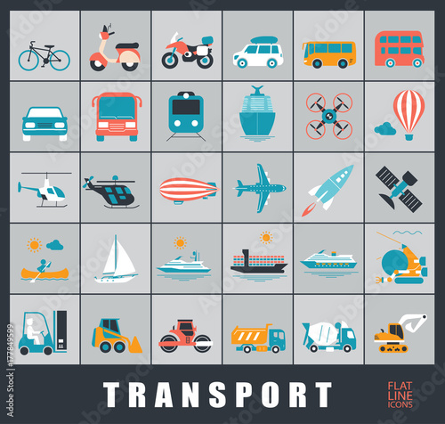Set of transportation icons. Various means of transportation road, rail, air, water transport. Various types of  vehicles. 