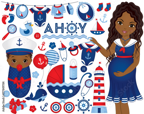 Vector Baby Shower Set with Pregnant Woman and Baby in Nautical Style