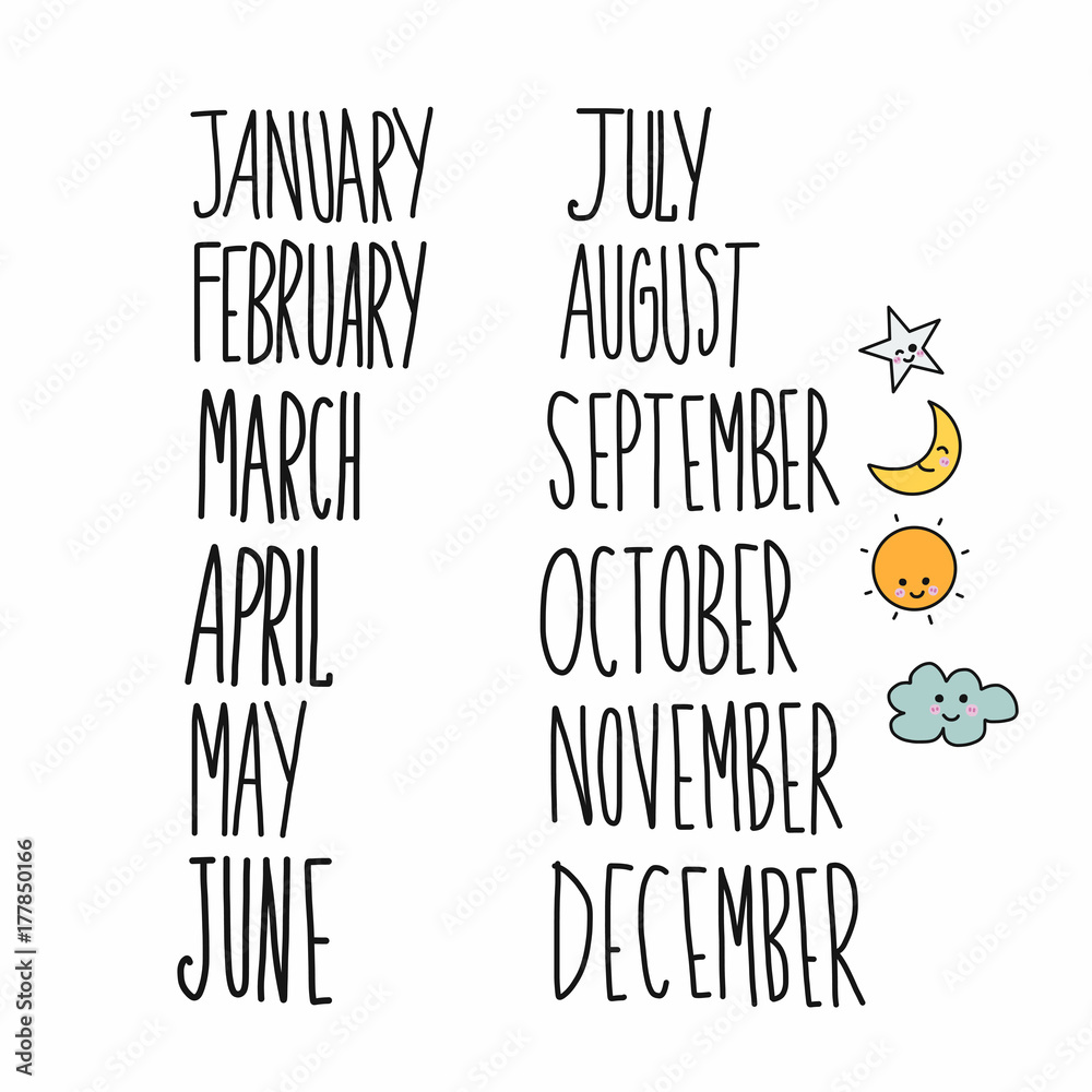 Fotografie Monthly handwriting set vector illustration doodle style