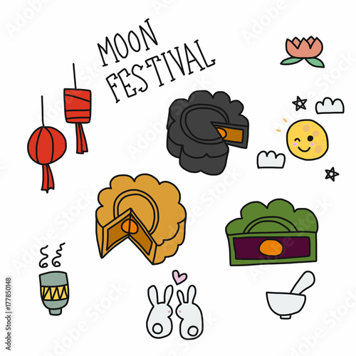 Moon cake festival set vector illustration doodle style