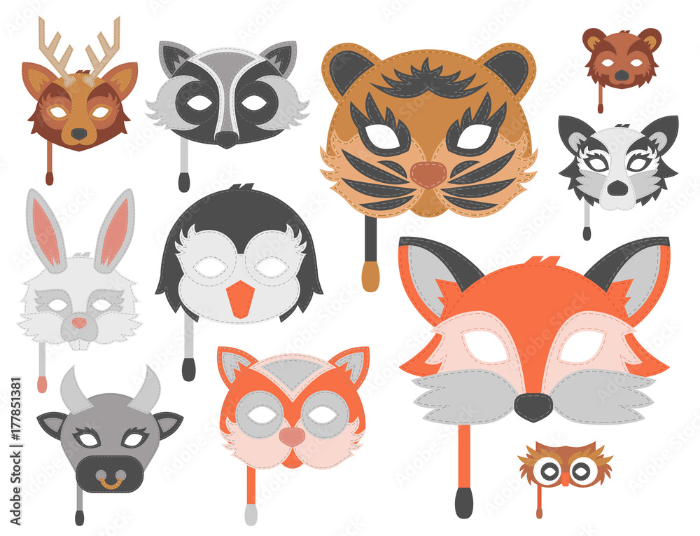 Set of cartoon animals party masks vector holiday illustration party fun masquerade festival decoration.