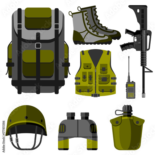 Fototapeta Naklejka Na Ścianę i Meble -  Military weapon guns armor forces design and american fighter ammunition navy camouflage vector illustration.