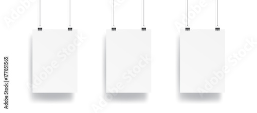 Blank Three hanging poster with clip and wire mockup vector on white background. Mockup concept