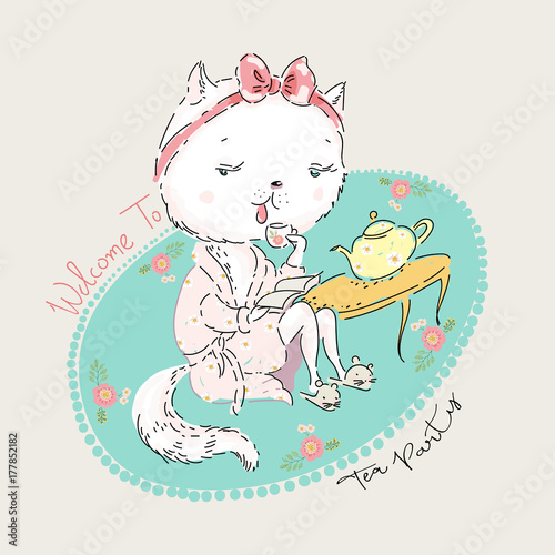 Cute cat in morning gown is drinking tea. Vector baby illustration for fashion apparels, t shirt and printed design.