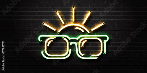 Vector realistic isolated neon sign of glasses and sun for decoration and covering on the wall background.Concept of happy vacation, leisure and summer time.