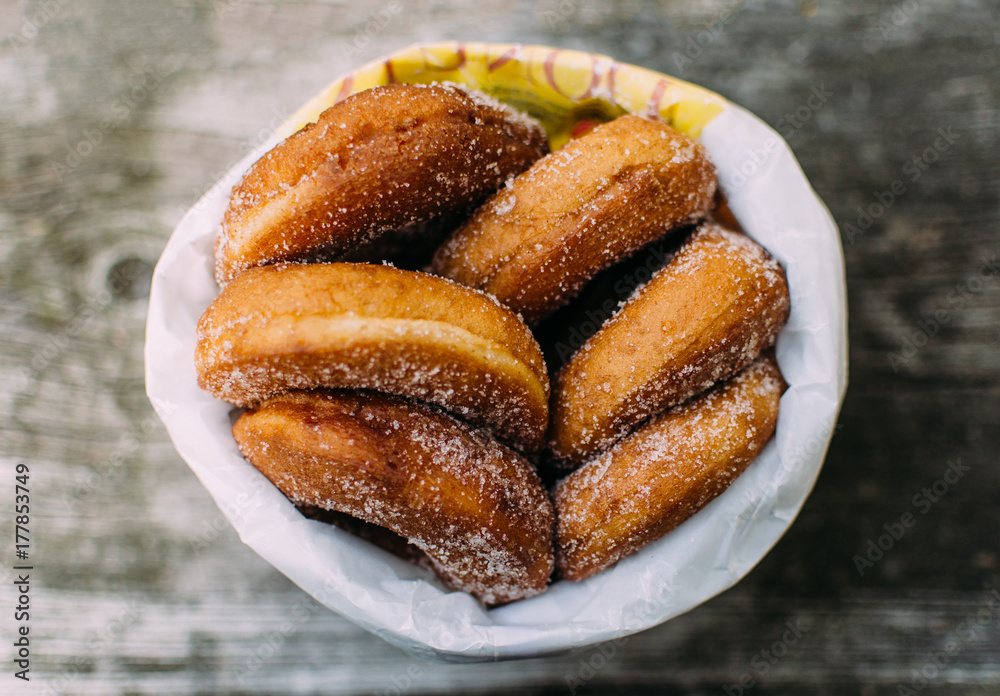 apple cider doughnuts in a bag, from above apple cider doughnuts in a bag, from above