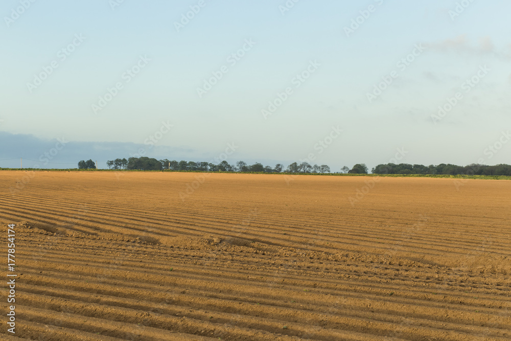 Obraz premium Plowed agricultural fields prepared for planting crops in Normandy, France. Countryside landscape with cloudy sky, farmlands in spring. Environment friendly farming and industrial agriculture concept