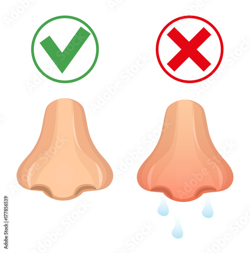 Runny nose flat style icon. Healthy nose and colds and snot isolated on white background. Allergy treatment. Medicine concept. Vector illustration