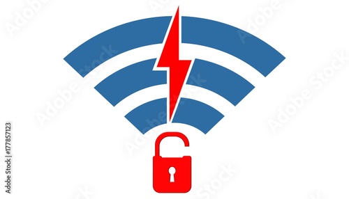 Security concept: Open lock and wifi icon. Illustration of wifi vulnerability and cybersecurity compromised WEP, WPA, WPA 2 encryption. Krack is a serious threat for wifi internet connection photo