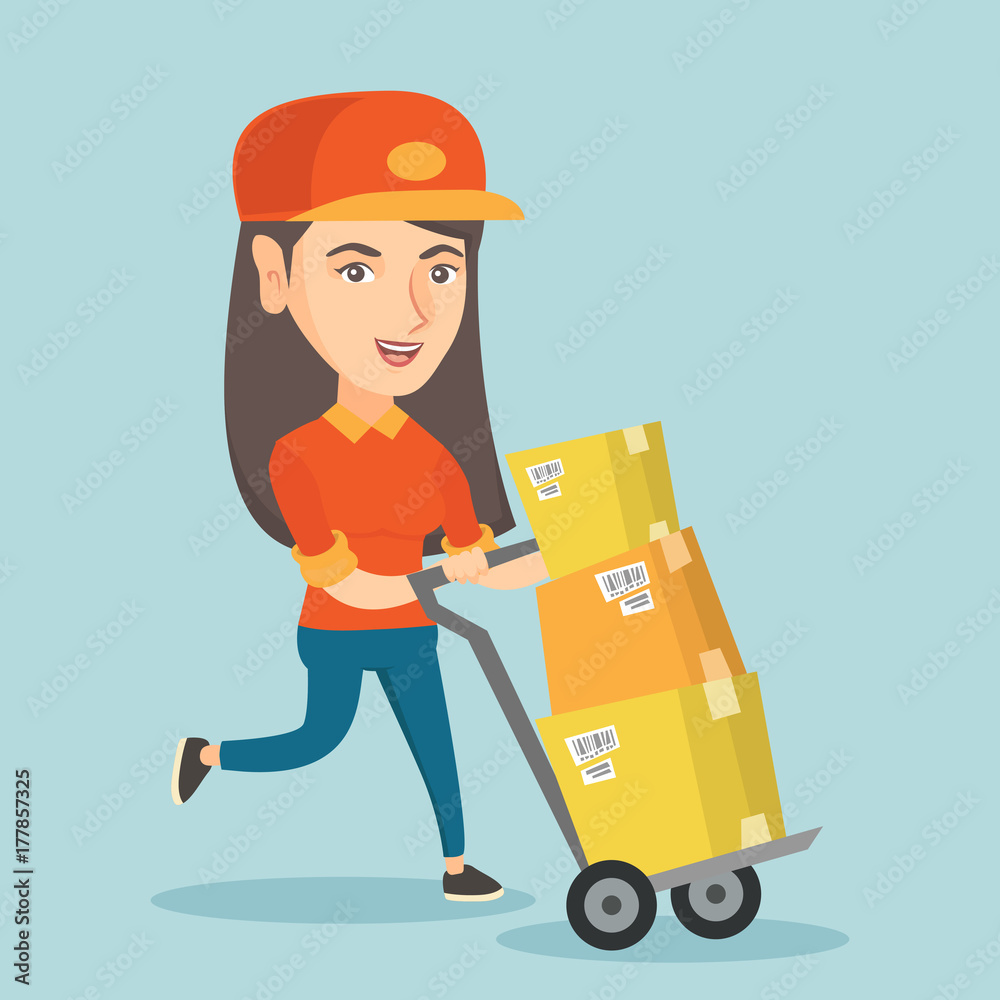 Caucasian woman-postman pushing the trolley with parcels in cardboard boxes. Young woman-postman delivering parcels. Woman-postman running with parcels. Vector cartoon illustration. Square layout. Caucasian woman-postman pushing the trolley with parcels in cardboard boxes. Young woman-postman delivering parcels. Woman-postman running with parcels. Vector cartoon illustration. Square layout.