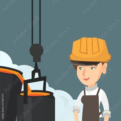 Young caucasian steelworker in a hard hat controlling the iron smelting process in the foundry. Female industrial steelworker at work in steel making plant. Vector cartoon illustration. Square layout.