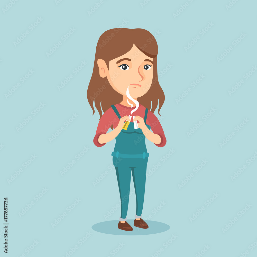 Caucasian woman breaking a cigarette. Young woman crushing a cigarette.  Woman holding a broken cigarette. Concept of quit smoking and healthy  lifestyle. Vector cartoon illustration. Square layout. Stock Vector | Adobe  Stock