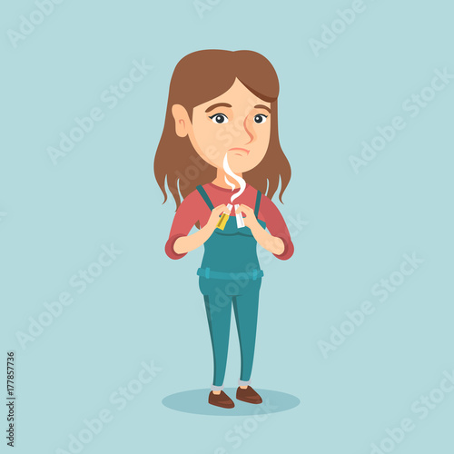 Caucasian woman breaking a cigarette. Young woman crushing a cigarette. Woman holding a broken cigarette. Concept of quit smoking and healthy lifestyle. Vector cartoon illustration. Square layout.
