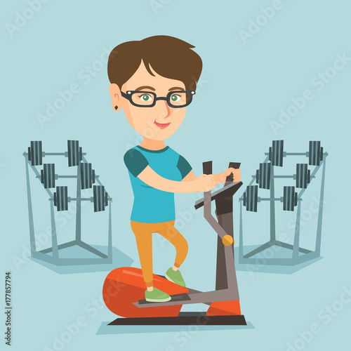 Caucasian woman training on elliptical trainer in fitness club. Woman working out on elliptical trainer in gym. Woman doing exercises on elliptical trainer. Vector cartoon illustration. Square layout.