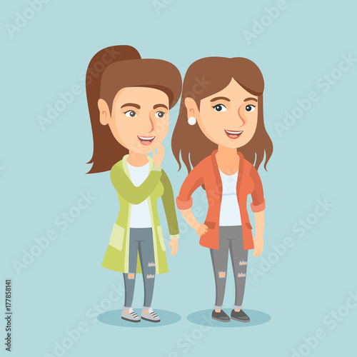Young caucasian woman shielding her mouth and whispering a gossip to her friend. Two happy women sharing gossips. Smiling friends discussing gossips. Vector cartoon illustration. Square layout.
