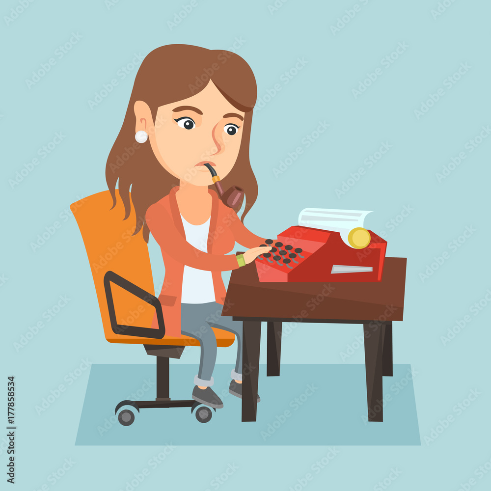 Young caucasian female journalist writing an article on a vintage typewriter and smoking a pipe. Concentrated journalist working on a retro typewriter. Vector cartoon illustration. Square layout.