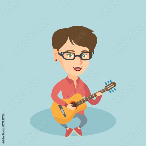 Young caucasian musician sitting with a guitar in hands. Smiling woman playing the acoustic guitar. Female guitarist practicing in playing guitar. Vector cartoon illustration. Square layout.