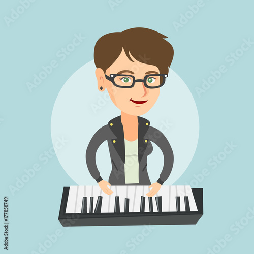 Young caucasian musician playing the piano. Smiling pianist playing the upright piano. Female pianist playing the synthesizer. Vector cartoon illustration. Square layout.