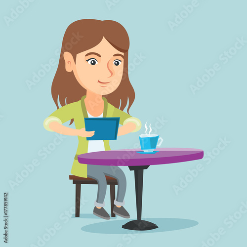 Young caucasian woman using a tablet computer in the cafe and surfing in the social network. Woman rewriting in the social network. Social network concept. Vector cartoon illustration. Square layout.
