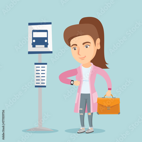 Caucasian business woman waiting for a bus at the bus stop. Young business woman standing at the bus stop. Woman looking at her watch at the bus stop. Vector cartoon illustration. Square layout.