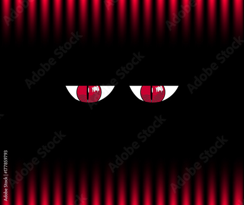 Red angry monster eyes on black and red striped pattern background. Vector illustration, poster, banner. photo