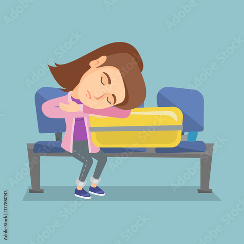 Tired caucasian passenger sleeping on a suitcase at the airport. Young exhausted woman waiting for a flight and sleeping on a suitcase at the airport. Vector cartoon illustration. Square layout.