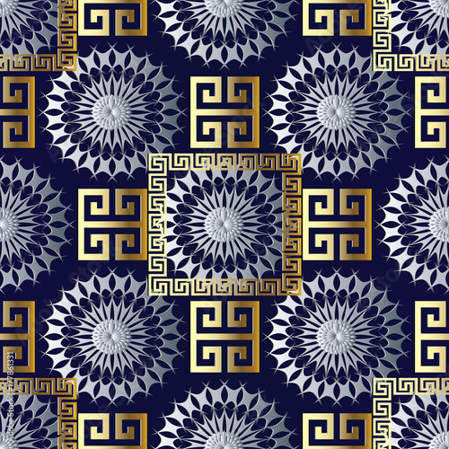 Modern geometric seamless pattern. Vector gold silver meander background. 3d wallpaper with greek key ornaments. Ornamental floral design. Abstract surface texture with circle, frames, squares, shapes