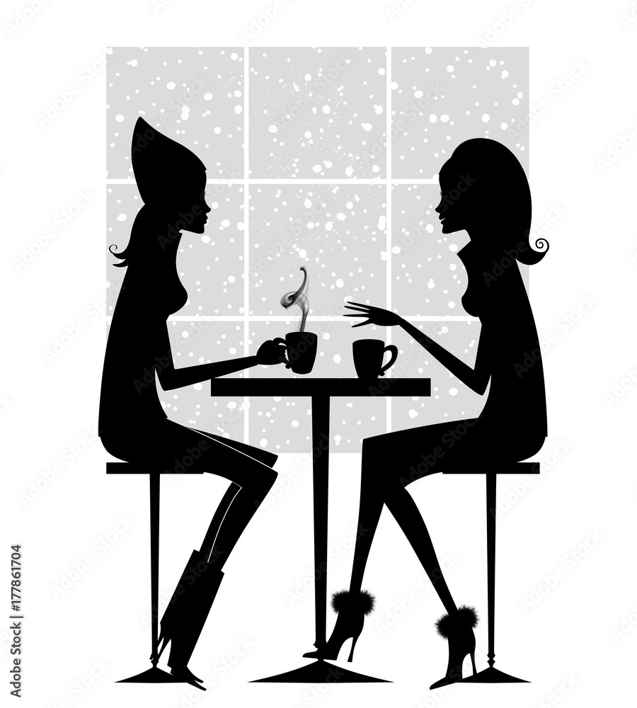 Fashion Silhouette of Two Girlfriends Having Coffee Fashion Silhouette of Two Girlfriends Having Coffee